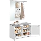 VASAGLE Schuhbank Wandgarderobe Set, Garderobe mit Spiegel, 8 Doppelhaken, Schuhschrank mit verstellbaren Ablagen, Doppeltüren, Sitzbank, Sitzpolster abnehmbar, 81 cm breit, wolkenweiß LSC010W01