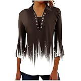 Damen 3/4 Arm Shirt Rundhals Pullover Sommer Tshirt Leichte Bluse Elegant Langarmshirt Longbluse Klassische V-Ausschnitt Tunika Longshirt Langarm Blusen Festliche Oberteil Basic Top