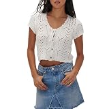 Qkiome Damen-Strickshirt, gehäkelt, bauchfrei, mit Knopfleiste vorne, kurzärmelig, Cutouts, Sommer, Y2K, ästhetische Grunge-Kleidung, weiß, L
