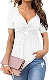 Tankaneo Damen V Ausschnitt Elegant Blusenshirt Front Knotted T-Shirt Kurzarm Dame Tunika Blusen Tops Ob