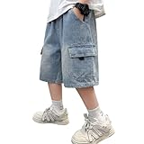 Rolanko Baggy Jeansshorts für Jungen mit Elastischem Bund, Weite Beine Knielang Sommer Cargo Shorts, Blau Taschen, 11-12 Jahre, 160