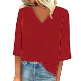 Damen-Shirt, 3/4-Ärmel, V-Ausschnitt, Übergröße, weiß, Damen-T-Shirt, Sommer, lässig, Basic-Tunika, leichte Bluse, rot, 4XL