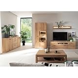 Wohnmöbel Set Wohnwand Eiche teilmassiv 5-teilig, Sideboard, Vitrine, Wandboard, Lowboard, Couchtisch, inkl. LED-Beleuchtung