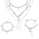 Moguri 1 Set Gothic Y2K Schmuckset, Silber Stern Halskette mit Armband, Grunge Kette für Damen, Aesthetic Emo Choker Kette, Exquisites Design für Party, Cosplay, Halloween, und tägliches O