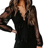 Generic Bluse Damen Einfarbig Blumenstickerei Wimpern Spitze Oberteile Sexy Pullover mit tiefem V Ausschnitt Mesh Patchwork Langarmhemden Bandage Draw Back Tunika Schmal Crop Tops, Schwarz, L