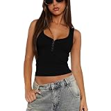 Arkim Damen Tank Tops Sommer Sexy Oberteile U-Ausschnitt Top Ärmellos Slim Fit Shirt Ribbed Tops mit Knopfleiste(Schwarz,L)