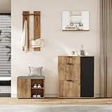 DJHWX Kleiderständer, Garderobe, Garderoben-Set mit Schuhbank und Schuhschrank, 1 Spiegel, 1 Schublade, 2 Haken, 4 Türen,mit Ablage, Freistehend, 140x35x139cm,Natü
