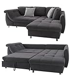 Ecksofa mit Schlaffunktion und Bettkasten B250/T190/H84 cm, Wellenunterfederung und Komfortschaum, Longchair Ottomane rechts, Bezug Mikrofaser in Anthrazit, 2 Zierkissen Grau / 17005