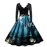 Kleid Winter Damen Festlich Halloween Blutige Fledermaus Kürbis Bedrucktes V-Ausschnitt Langarm Swing Kleid mit Taille Festival Damen Kleid (Navy-3, XXL)