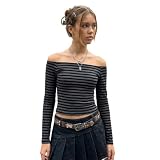 Damen Langarm-Shirts im Grunge-Stil, gestreifte schulterfreie Tops, Teenager-Mädchen, Alternative Emo Goth Streetwear Y2K-Kleidung (Black, S)