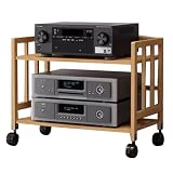 Mobiles Audio-Regal aus Bambus, Stereo-Ständer auf Rädern für Wohnzimmer/Schlafzimmer/Büro, multifunktionales AV-Media-Aufbewahrungsregal, Bodenständer, Video-Regal, Standfuß, 2 Etagen, 60
