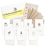 14 Weihnachtskarten mit Umschlag Set Pastell - Schöne Weihnachtskarten Adventskarten zum Aufklappen - Karten Weihnachten Set - Weihnachtskarte Set Postkarten - Weihnachten Karte mit Stickern D012 D012