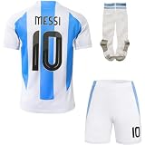 Hawkara Argentina #10 Heim Copa-American Leo Fußball Kinder Trikot Auflage Shorts Socken Set Jugendgrößen (Weiß,30)
