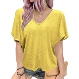 Damen Plus Size Einfarbig Kurze Ärmel Bequeme V Ausschnitt Lose Basic Oberteile Frühling Sommer Casual T-Shirt für Frauen (Gelb2,XL)