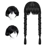 Wednesday Perücke,Perücke Damen,Cosplay Perücken,Perücke Schwarz, 2 Braids Cosplay Perücken,Cosplay Perücke Für Hallow