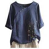 Halbarm Leinen Oberteile Damen Sommer Kurzarm Bluse Tunika Longshirt Grosse Grössen Leinenoberteile Leinenbluse Blumen Print Tshirt Lose Elegant Pullover T Shirt Top