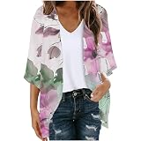 Keepink Damen Strickjacken UK Sommer Lange Strickjacke Tops Hawaii Floral Printed Cardigan 3/4 Ärmel Lose Chiffon Kimono Cardigans Open Front Jumper Damen Strand Cover Up Sale, 23 x Pink, 38