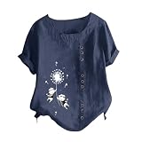 HOOUDO Angebote des Tages Heute Modisches Damen-T-Shirt aus Baumwolle und Leinen mit kurzen Ärmeln und Knöpfen und Rundhalsausschnitt mit -Print Damenshirt T Shirt Damen FL Sale Angebote Bestellung