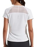 Damen Sport T-Shirt Kurzarm, Atmungsaktiv Schnelltrocknend, Funktionsshirt mit Netzeinsatz am Rücken, Figurbetontes Laufshirt für Fitness Gym Yoga Outdoor (White;S)
