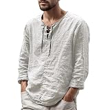 Deals of The Day, Herren Mittelalter Leinenhemd - Einfarbiges Sommer Hemden Langarm Retro-Kragen mit Schnürung Männer Freizeithemd Leinen Shirt Fisherman Sommerhemd Hemd Tunika 001n Beige, L