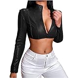 Damen Kurze Lederjacke Slim Fit Biker Stil Kunstleder Jacke Crop Top Kurzmantel Bauchfrei Streetwear Nachtclub Outfit (Color : Black, Size : L)
