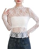ROSVAJFY Durchsichtiges Oberteil mit Spitze Langarmshirt mit Mesh Spitzen Top Langarm Netzoberteil (DE/NL/SE/PL, Alphanumerisch, M, Regular, Regular, Weiß)