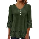 Elogoog Damen-T-Shirt, V-Ausschnitt, 3/4-Ärmel, V-Ausschnitt, Blusen, Rüschenärmel, Tunika, T-Shirt, elegant, 3/4-Ärmel, Sommer, Grün , XX-Larg