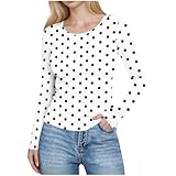 Generisch Oberteile Damen Langarmshirt Polka Punkte Rundhals Blusenshirt Frauen Eng Anliegendes Stretch Top mit Schicker Passform Slimfit Design für Büro Alltag Streetwear O