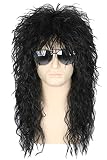 Topcosplay Herren 80er Jahre Vokuhila Perücke Rocker Punk Popstar Perücke Schwarz Lange Lockig Mullet Perücke für Halloween Kostüm Fasching