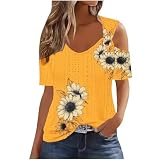 Keepink Damen-Top, kurzärmelig, schulterfrei, elegantes Oberteil für Damen, UK-Aushöhlung, Blumendruck, Sommer, lässig, Rundhalsausschnitt, lockere Tunika, T-Shirt, trendiges Ausgehen, 11, mehrfarbig,
