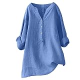 Damen-Langarm-Top aus Leinen, 3/4-Ärmel, einfarbig, übergroßes Hemd, lockere Passform, Tunika, Stehkragen, Party, Knopfleiste, Baumwolle, Crinkle-Gaze-Hemden, Westernkleid, Club, blau, 3XL