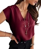 Cicy Bell Bluse Damen Ärmellose V-Ausschnitt Tops Sommer Elegant Cap Sleeve T Shirts Casual Lose Einfarbig Oberteile Weinrot M