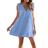 Angxiwan USB Drucker FreigabegeräT Tunika Kleid für Damen Drucken Langarm Tunika Kleid V-Ausschnitt Hohe Taille Strandkleider Lange Mini Dress Baumwolle Rüschenkleid Figurbetontes Casual BOD