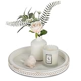 Romadedi Holztablett Rund Deko Tablett：Vintage Weiss Shabby Holz Serviertablett Kerzentablett Dekotablett Dekoteller für Kerzen Küche Tisch Herzstück D