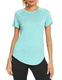Wayleb Funktionsshirt Damen Kurzarm Rundhals Sport T-Shirt Oberteile Frauen Sportshirt Leichtes Atmungsaktiv Laufshirt Fitness Gym Yoga Longshirt Tops, Blau XL