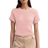 Damen T-Shirt Lochstrick Kurzarm Rundhals Sommer Oberteil Waffelstrick Optik Blusenshirt Strickshirt Lässiges Freizeitshirt Basic Top Damenmode Bekleidung Fashion C