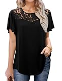 Florboom Shirt Damen Spitzen Oberteil Kurzarm Mit Spitze Elegant Rundhals T Shirt Schwarz XXL