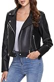 Fahsyee Damen Lederjacke, Kunstlederjacken mit Reißverschluss, kurze PU-Motorradjacke, schmale Bikerjacke, enganliegende Slim-Fit, Schwarz, Größe M