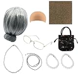 Kostümset Für Alte Dame – Oma-Cosplay-Set, Vintage-Oma-Anzieh-Requisiten | Schickes Oma-Kostümset, Katzenaugenbrille, Blumenschal, Perlenschmuck, Spazierstock, Accessoires Für Halloween, Rollenspiele,