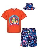 MOHEZ Jungen 2 tlg Outfits Bedrucktes Kurzarm T-Shirts + Shorts Set Kind Sommer Bekleidungssets mit Eimerhut Orange Top 9-10 J