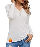 Crewhpo Langarmshirt Damen Baumwolle Top Basic mit Spitzenausschnitt Oberteile Thermo Einfarbiges mit V-AusschnittLongsleeve Langarm Blusen Elegant Shirt Weiß