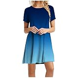 KIMODO T-Shirtkleid Sommerkleid Freizeitkleid Atmungsaktives Kleid Damen Shirtkleid mit Farbverlauf in Batik-Optik Tunika Rundhals Kurzarm Knielang Langes Locker Minikleid (A-Blau, 5XL)