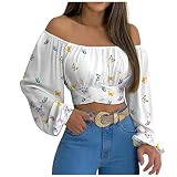 Volant Off Shoulder Sanft Summer Blusentops Damen Blumen Loose Strand Lässige Bauchfrei Bauchfrei ärmel Langes Bauchfreie F
