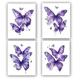 Linilioart Schmetterlings-Wandkunstdrucke, 4er-Set, Schmetterlings-Dekor, Wandkunst, Bauernhaus-Bilder, Schmetterlingsbilder, Leinwand, Geschenkdrucke für Mädchen, Schlafzimmer, Kinderzimmer (lila, 20
