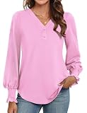 WEACZZY Damen-Top, Herbstmode, lange Puffärmel, elegant, lässig, Knopf, V-Ausschnitt, gesmokte Bündchen, niedliches Bluse, Hemd, Tunika, Top, Pink,