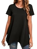 Enmain Tunika Damen Sommer Schwarz Kurzarm Rundhals Lose Tunika Swing Elegant Longshirt Lässig Tshirt Damen, Schwarz, L