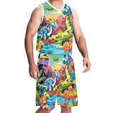 Basketballtrikot und Shorts, benutzerdefiniertes Basketballtrikot, Herren-Basketballtrikot, Cartoon-Dinosaurier-Tropical, Design 3033, XL