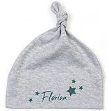 minimutz Mütze Baby mit Sternen, Personalisiert mit Namen, Personalisiertes Geschenk Taufe Geburt, Beanie Neugeborene (grau)