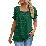 Damen Chiffon Bluse Elegant Oberteile Sommer T Shirt Kurzarm Puffärmel Pompom Jacquard Tunika Square Neck Lässige Lockere Einfarbiges Blusenshirt Tops Blusen Tuniken für F