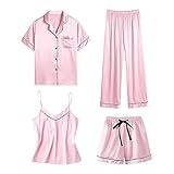 Damen Seide Satin Pyjamas Sets 4pcs Nachtwäsche Sexy Cami Shorts Set und Button Down Kurzarm Satin Pjs Frauen Pjs Sets Hemd Und Shorts Lange Hose Hausanzug Loungewear L